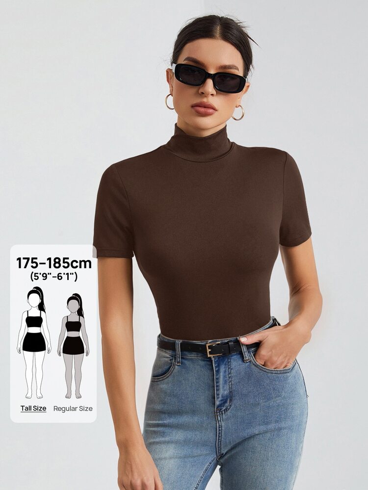 SHEIN Tall Women's Solid Color Basic Black Turtleneck Short-Sleeved T-Shirt, Tall Women Day Time Everyday Holiday Summer Basic Casual - Coffee Brown - View 8