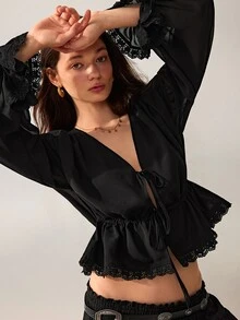 Willow Rêve Women's Black Lace Ruffle Hem Front Tie Blouse - Black - View 5