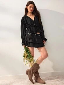 Willow Rêve Women's Black Lace Ruffle Hem Front Tie Blouse - Black - View 7