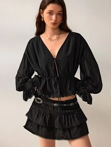 Willow Rêve Women's Black Lace Ruffle Hem Front Tie Blouse - Black - View 6