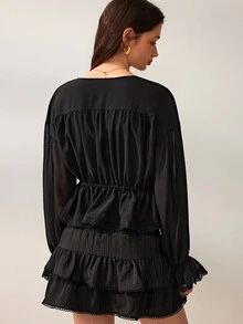 Willow Rêve Women's Black Lace Ruffle Hem Front Tie Blouse - Black - View 2