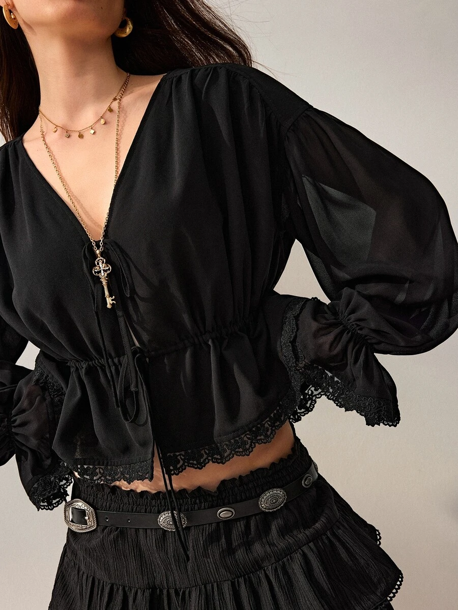 Willow Rêve Women's Black Lace Ruffle Hem Front Tie Blouse - Black - View 1