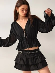 Willow Rêve Women's Black Lace Ruffle Hem Front Tie Blouse - Black - View 4