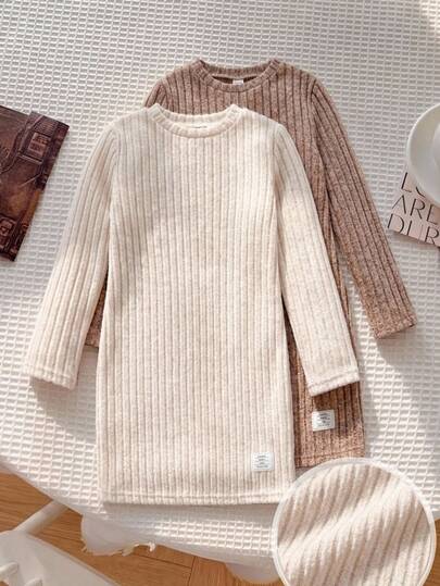 SHEIN Kids 2PCS Tween Girls Dresses School Off-White Light Brown Autumn Casual School