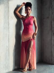 Lunelith SHEIN Lunessa Ombre Asymmetric Neck Long Dress For Women, Summer - Red - View 4