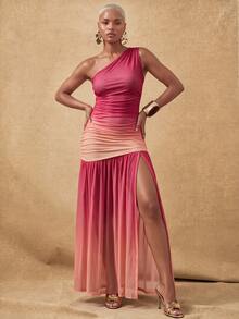 Lunelith SHEIN Lunessa Ombre Asymmetric Neck Long Dress For Women, Summer - Red - View 5