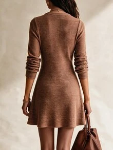 EMERY ROSE Women's Fall/ V-Neck Single-Breasted Ribbed Waist A-Line Short Knit Dress, Slim Fit Old Money Style, Casual Commute Brunch Brown - Brown - View 2