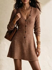 EMERY ROSE Women's Fall/ V-Neck Single-Breasted Ribbed Waist A-Line Short Knit Dress, Slim Fit Old Money Style, Casual Commute Brunch Brown - Brown - View 4