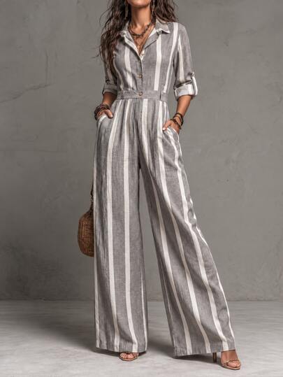 Trelyra Mono vintage de rayas verticales de manga larga, diseño minimalista de solapa y un solo botón, cintura ceñida para definir la silueta, estilo de pierna recta suelta de cintura alta para estilizar y alargar, bloque de color gris y blanco sofisticado y atemporal, mono elegante para ir al trabajo, casual y vacaciones