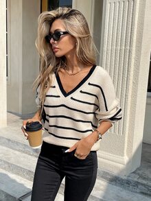 Serisse 系带后落肩背带毛衣女士休闲条纹结后落肩长袖毛衣秋季毛衣保暖衣服冬季毛衣女士毛衣，长袖上衣 - 彩色 - 查看 8