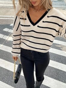 Serisse 系带后落肩背带毛衣女士休闲条纹结后落肩长袖毛衣秋季毛衣保暖衣服冬季毛衣女士毛衣，长袖上衣 - 彩色 - 查看 5