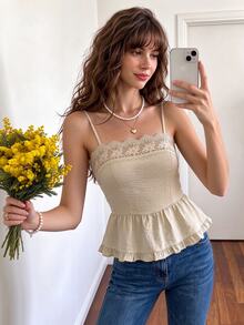 Cévolie Áo hai dây nữ thời trang du lịch phối ren, gấu bèo nhún - Màu Khaki - Xem 7
