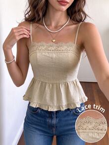 Cévolie Áo hai dây nữ thời trang du lịch phối ren, gấu bèo nhún - Màu Khaki - Xem 6