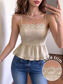 Cévolie Áo hai dây nữ thời trang du lịch phối ren, gấu bèo nhún - Màu Khaki - Xem 8