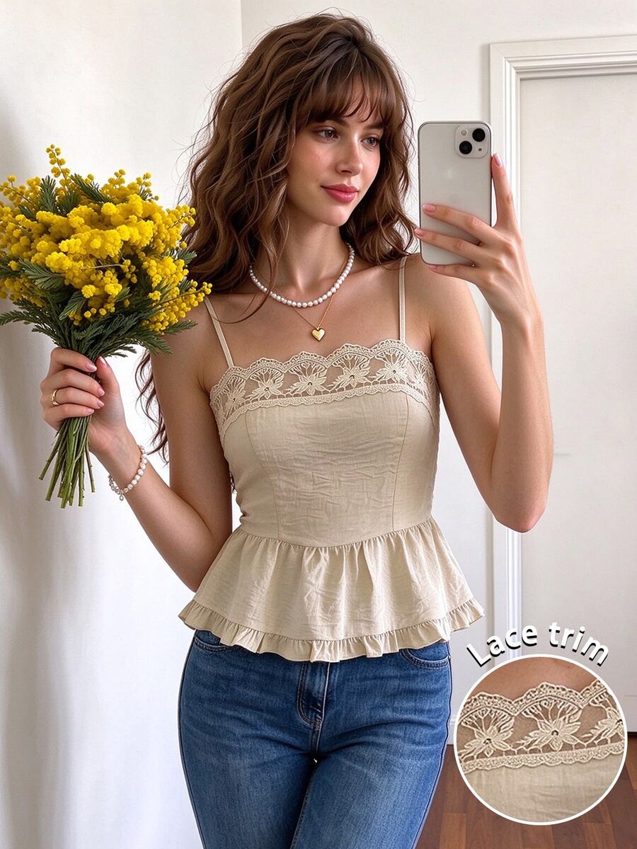 Cévolie Áo hai dây nữ thời trang du lịch phối ren, gấu bèo nhún - Màu Khaki - Xem 1