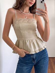 Cévolie Áo hai dây nữ thời trang du lịch phối ren, gấu bèo nhún - Màu Khaki - Xem 9