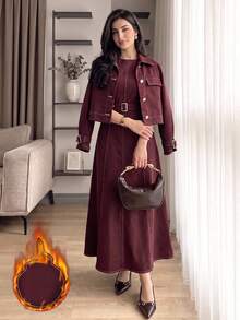Solavon Women's Long Sleeve Single-Breasted Jacket And Dress Arabic Outfit Set - Red - View 2