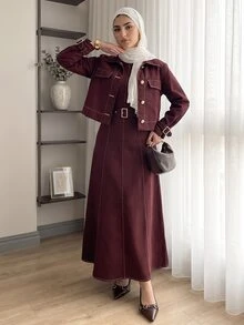 Solavon Women's Long Sleeve Single-Breasted Jacket And Dress Arabic Outfit Set - Red - View 5