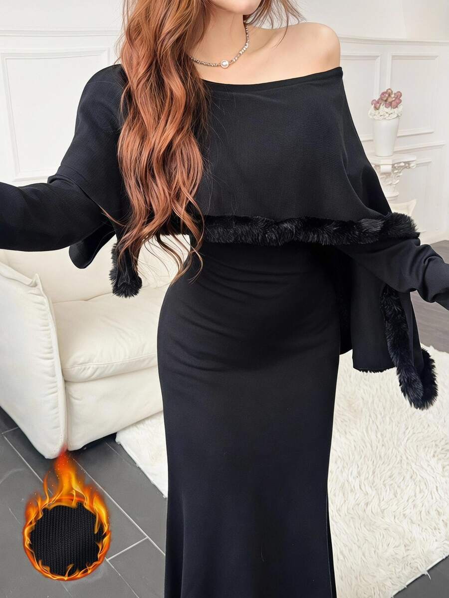 Feyla Women's Solid Color Asymmetrical Shoulder Casual Elegant Daily Knit Dress Going Out Black Fall - Black - View 1