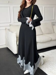 Feyla Women's French Lace Patchwork Dress With Long Sleeve Cardigan 2 Pieces Set - Blue - View 3
