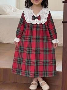 SHEIN 女童小女孩聖誕簡單格紋派對休閒長洋裝 - 彩色 - 查看 5