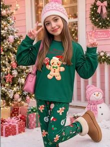 SHEIN 女童秋冬聖誕可愛時尚百搭派對長袖褲裝套裝 日常修身居家穿著 - 彩色 - 查看 16