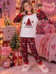 SHEIN Tween Girls Tween Girl Autumn/Winter Christmas Cute Fashion Versatile Party Long Sleeve Pants Set, Daily Home Wear, Slim Fit - Red - View 17