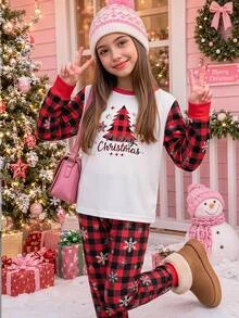 SHEIN Tween Girls Tween Girl Autumn/Winter Christmas Cute Fashion Versatile Party Long Sleeve Pants Set, Daily Home Wear, Slim Fit - Red - View 16