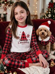 SHEIN Tween Girls Tween Girl Autumn/Winter Christmas Cute Fashion Versatile Party Long Sleeve Pants Set, Daily Home Wear, Slim Fit - Red - View 3
