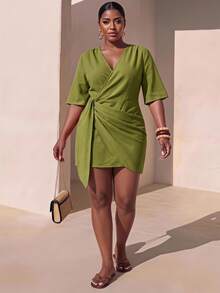 Zivah Plus Size Elegant Linen V-Neck Mini Dress With Side Tie,Olive Green Summer Vacation Holiday,Casual Beach Party Western Style 2026 Spring Short Dress - Green - View 1