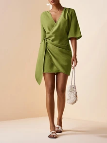 Zivah Plus Size Elegant Linen V-Neck Mini Dress With Side Tie,Olive Green Summer Vacation Holiday,Casual Beach Party Western Style 2026 Spring Short Dress - Green - View 8