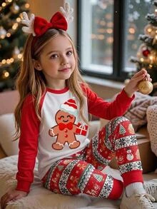 SHEIN Tween Girls Tween Girl Autumn/Winter Christmas Cute Fashion Versatile Party Long Sleeve Pants Set, Daily Home Wear, Slim Fit - Red - View 4