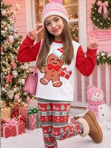 SHEIN Tween Girls Tween Girl Autumn/Winter Christmas Cute Fashion Versatile Party Long Sleeve Pants Set, Daily Home Wear, Slim Fit - Red - View 14