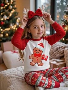 SHEIN Tween Girls Tween Girl Autumn/Winter Christmas Cute Fashion Versatile Party Long Sleeve Pants Set, Daily Home Wear, Slim Fit - Red - View 11