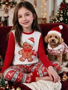 SHEIN Tween Girls Tween Girl Autumn/Winter Christmas Cute Fashion Versatile Party Long Sleeve Pants Set, Daily Home Wear, Slim Fit - Red - View 13