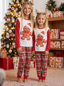 SHEIN Tween Girls Tween Girl Autumn/Winter Christmas Cute Fashion Versatile Party Long Sleeve Pants Set, Daily Home Wear, Slim Fit - Red - View 15
