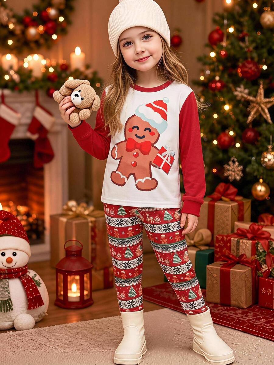 SHEIN Tween Girls Tween Girl Autumn/Winter Christmas Cute Fashion Versatile Party Long Sleeve Pants Set, Daily Home Wear, Slim Fit - Red - View 1