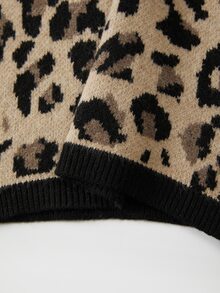 SHEIN Women Leopard Print V‑Neck Knit Mini Dress, Contrast Trim Button Detail Long Sleeve Bodycon Sweater - Multicolor - View 6