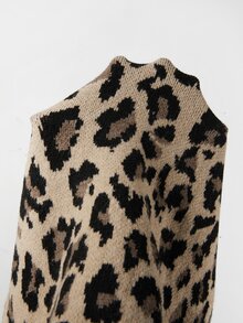 SHEIN Women Leopard Print V‑Neck Knit Mini Dress, Contrast Trim Button Detail Long Sleeve Bodycon Sweater - Multicolor - View 5