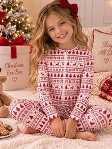 SHEIN Tween女孩兒童秋冬聖誕可愛時尚百搭派對長袖長褲連身褲日常穿著修身款 - 紅白色 - 查看 7