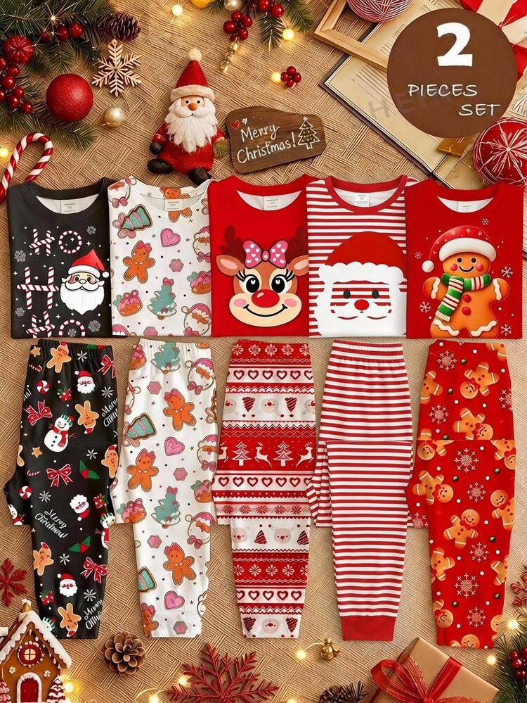 SHEIN Tween Girls Tween Girl Tween Girl Autumn/Winter Christmas Cute Fashion Versatile Party Long Sleeve Pants Set, Snug Fit For Daily Wear And - Red and White - View 15