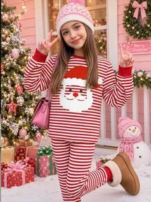 SHEIN Tween女孩秋冬聖誕可愛時尚百搭派對長袖褲裝套裝，修身設計適合日常穿著與居家 - 紅白色 - 查看 14