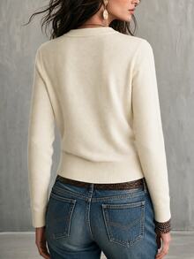 SHEIN Women Zip Up Knit Cardigan, Stand Collar Appliques Decor Long Sleeves For Daily - Apricot - View 3