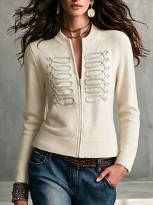 SHEIN Women Zip Up Knit Cardigan, Stand Collar Appliques Decor Long Sleeves For Daily - Apricot - View 5