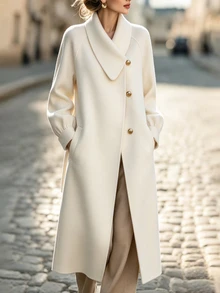 SHEIN Women's Autumn/Winter Solid Color Beige Woolen Fabric Asymmetrical Peter Pan Lapel Single Breasted Raglan Long Sleeve Pocket Jacket Elegant Coat - Beige - View 4