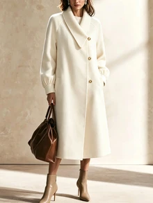 SHEIN Women's Autumn/Winter Solid Color Beige Woolen Fabric Asymmetrical Peter Pan Lapel Single Breasted Raglan Long Sleeve Pocket Jacket Elegant Coat - Beige - View 9