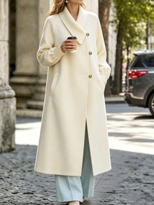 SHEIN Women's Autumn/Winter Solid Color Beige Woolen Fabric Asymmetrical Peter Pan Lapel Single Breasted Raglan Long Sleeve Pocket Jacket Elegant Coat - Beige - View 8