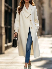 SHEIN Women's Autumn/Winter Solid Color Beige Woolen Fabric Asymmetrical Peter Pan Lapel Single Breasted Raglan Long Sleeve Pocket Jacket Elegant Coat - Beige - View 6