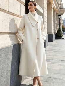 SHEIN Women's Autumn/Winter Solid Color Beige Woolen Fabric Asymmetrical Peter Pan Lapel Single Breasted Raglan Long Sleeve Pocket Jacket Elegant Coat - Beige - View 2