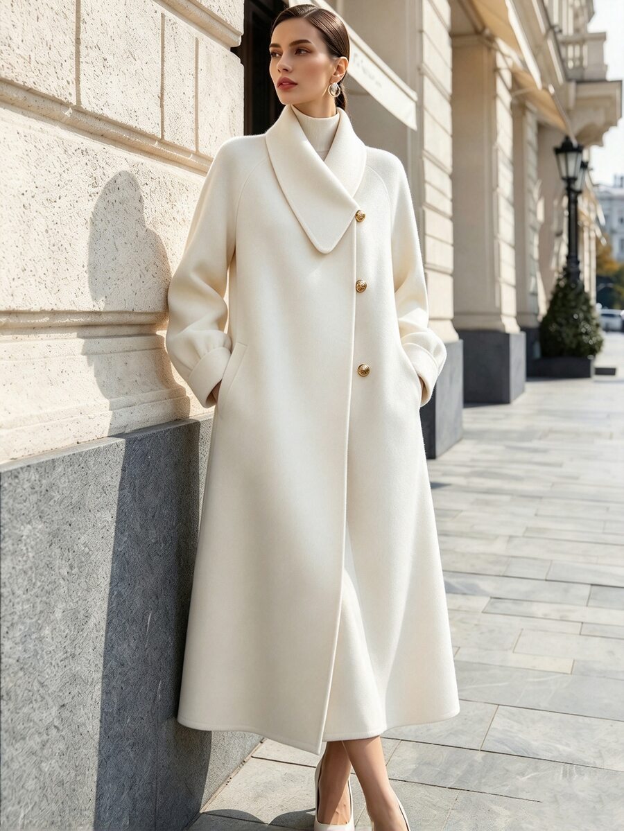 SHEIN Women's Autumn/Winter Solid Color Beige Woolen Fabric Asymmetrical Peter Pan Lapel Single Breasted Raglan Long Sleeve Pocket Jacket Elegant Coat